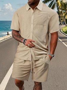 Ensemble chemise et short pour homme, gris clair uni, manches courtes, tenue décontractée d'été, coton tricoté respirant, ensemble deux pièces - Product Image 3