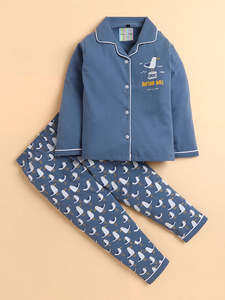 Conjunto de Pijama de Algodón para Niños, Camisa Azul de Manga Larga con Botones y Pantalones Estampados, Ropa de Dormir Suave y Transpirable para Niños - Product Image 2