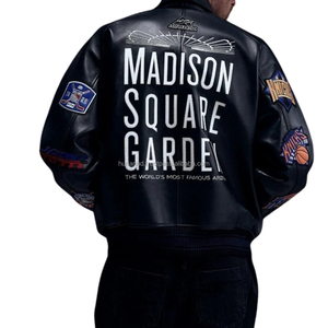 Chaqueta Varsity Premium de Cuero Vintage Teñido y Bordado |   Artículos Deportivos Personalizados Heritage Knicks X Rangers Madison Square - Product Image 4