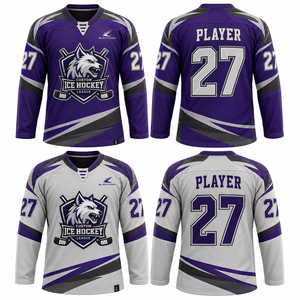 Maillot de hockey sur glace personnalisé, sublimé, col en V, manches longues, uniforme en maille, joueur 27, violet, gris, adulte, unisexe - Product Image 1