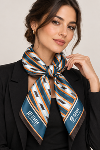 Women’s Geometric Stripe Satin <b>Scarf</b> Teal Orange White <b>Silk</b> Feel Square <b>Neck</b> Wrap Modern Print Custom Logo Fashion Accessory - Product Image 6