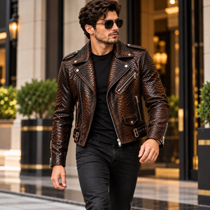 Mens Luxury Dark Brown Snake Skin Leather Embossed Breathable Winter Zip-Up Slim Fit Stand Streetwear <b>Biker</b> <b>Jacket</b> Wholesale - Product Image 1