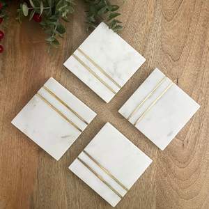 Sous-verres carrés en marbre blanc avec incrustation métallique, lot de quatre sous-verres en pierre naturelle - Product Image 5