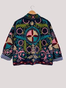 Hand Embroidered Teal <b>Velvet</b> Suzani <b>Jacket</b> With Floral Pattern Threadwork Full Sleeve Stand Collar Boho Chic <b>Women's</b> Autumn Coat - Product Image 5