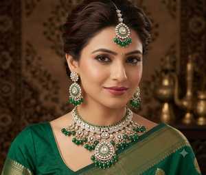 Wholesale <b>Prime</b> Polki Kundan Choker Necklace Set with Earrings and Maang Tikka Bridal Wedding Party Wear Gold Plated Jewelry - Product Image 4