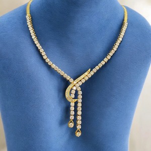 18K Yellow Gold Lab Grown Diamond Swirl Pendant <b>Necklace</b> | Luxury Wedding Crescent Moon Dangling Teardrop <b>Statement</b> <b>Necklace</b> - Product Image 4