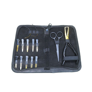 Kit d'outils professionnels pour extensions de cheveux, 13 pièces, noir mat - Pinces en acier inoxydable avec embouts dorés, ciseaux à cheveux et pinces de sectionnement - Product Image 1