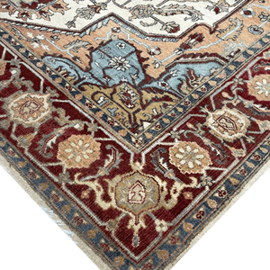 Tapis de chambre à coucher à poils ras, noué à la main, en laine et soie, motif géométrique Heriz, bordeaux ivoire - Product Image 2