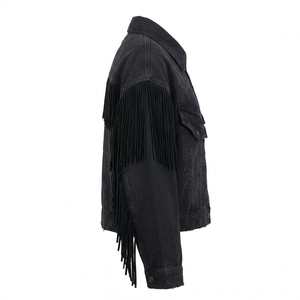Veste en jean noire personnalisée pour femme, avec broderie à franges, style western, manteau vintage surdimensionné, fabricant OEM ODM - Product Image 3