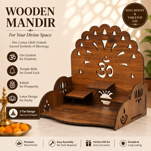 Handcrafted Wooden Pooja <b>Mandir</b> with OM Symbol & Kalash Cutwork Design – Scalloped Crown Temple Shelf | 28x20x29cm - Product Image 3
