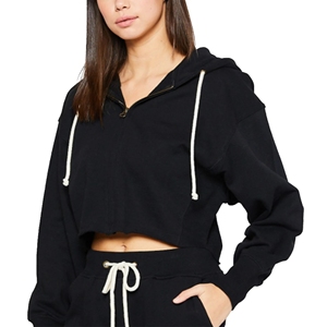 Sudadera Corta con Capucha para Mujer, Color Negro Sólido, Transpirable, de Poliéster Tejido, con Cierre Frontal, Informal, de Manga Larga, para Invierno - Product Image 1