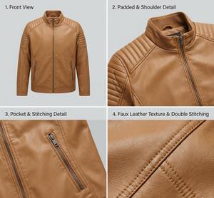 Men's Brown Genuine Leather Casual Waterproof Moto <b>Jacket</b> Stand Collar Zipper Closure <b>Slim</b> <b>Fit</b> Regular Sleeve Solid Color Winter - Product Image 5