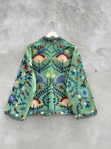 <b>Mint</b> Green Suzani Embroidered Velvet Boho Jacket Women Ethnic Short Coat Stand Collar Open Front Designer Wear - Product Image 4