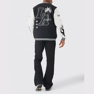 Custom OEM <b>Men</b> Vintage Black Varsity <b>Jacket</b> <b>White</b> Sleeves Embroidered LA Letter Graphic Flame Print Streetwear Baseball <b>Jacket</b> - Product Image 4