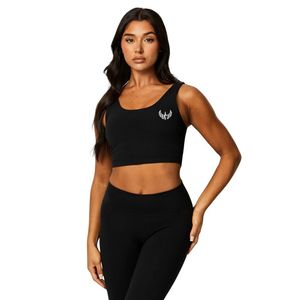 Débardeur court noir à col rond pour femme, extensible, pour le fitness, la gym, l'entraînement, vêtements de performance sans manches - Product Image 1