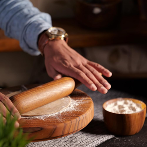 Rouleau à pâtisserie et planche à rouler en bois d'acacia sculpté à la main, forme ronde, pour chapati, roti, chakla, belan, pour ensemble de cuisine - Product Image 4