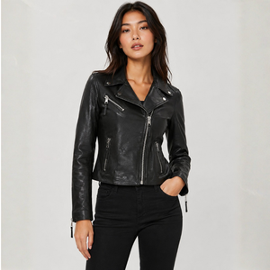 Women Lamb <b>Skin</b> Leather Biker Jacket Black Moto Zip Front Outerwear for Casual Streetwear Fashion Wear - Product Image 1