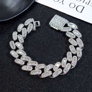 Bracelet cubain pour homme en argent rhodié, serti de moissanite taille baguette et de moissanite taille ronde, style Hip Hop, avec fermoirs sécurisés - Product Image 3