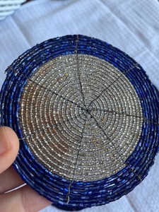 Set of 6 Vintage Beaded <b>Coasters</b>, Blue <b>Silver</b> Tribal Boho Decor - Product Image 2