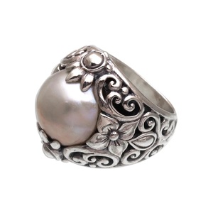 Anillo de Cóctel de Plata de Ley 925 con Perla Mabe, Diseño de Loto, Joyería Unisex Hecha a Mano - Product Image 4