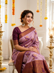 Sari de Seda Morado AARA Fashion con Motivo de Pavo Real y Borde Dorado, Traje Tradicional de Boda, Largo hasta el Suelo, para Mujeres de India y Pakistán - Product Image 2