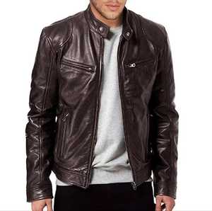<b>Men's</b> Genuine <b>Leather</b> Waterproof Moto <b>Jacket</b> Stand Collar Zipper Closure Slim Fit Autumn Style Solid Color Finished Front Logo - Product Image 1