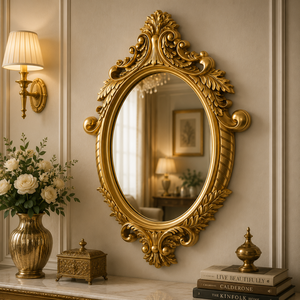 Miroir rond en bois sculpté à la main Filigree Bloom, finition or antique, miroir mural décoratif orné, accent de luxe pour la maison - Product Image 6