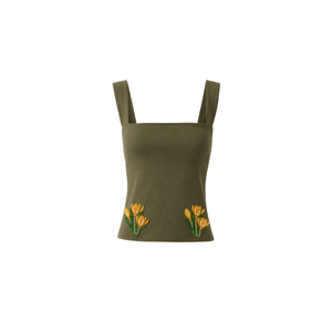 Débardeur bleu marine col en V avec broderie florale, style décontracté, usage quotidien, respirant, écologique, printemps/été, vente en gros - Product Image 3