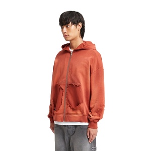 Sweats à capuche personnalisés en coton mélangé pour hommes en détresse imprimé délavé à l'acide sweats à capuche surdimensionnés avec fermeture éclair coupe Boxy Streetwear avec strass pour hommes - Product Image 4