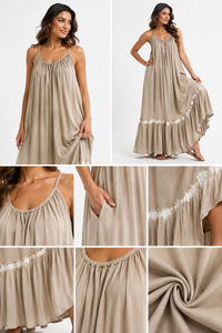Robe longue maxi tendance pour femme, beige, sans manches, dos nu, à volants, simple, unie, style bohème, pour la plage, coupe trapèze, 100% coton, écologique - Product Image 2