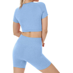 2026 New Design 2Pcs Gym Workout Set Activewear Crew Neck Basic Tee High Waist No Camel <b>Toe</b> Shorts for Women - Product Image 5