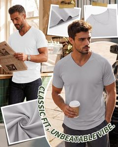 Camiseta de Cuello en V para Hombre, Corte Ajustado, Informal para el Día a Día, Manga Corta, Tejido de Algodón Suave y Transpirable, Ligera, Cómoda y Ecológica - Product Image 5