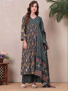 <b>Women</b> Floral Printed Blue Cotton <b>Kurta</b> Palazzo Set Dupatta V-Neck Regular Fit Knee-Length Traditional Ethnic Casual Wear Quick - Product Image 4