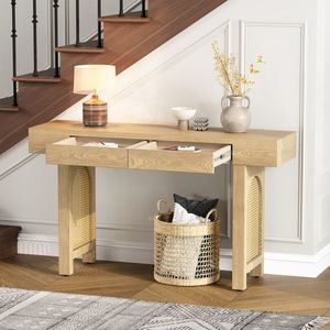Stylish Rustic Narrow <b>Console</b> <b>Table</b> with Rattan Accent Natural Wood Finish Entryway <b>Storage</b> Drawers <b>Console</b> Sofa <b>Table</b> - Product Image 1