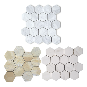 Mosaico hexagonal de 4 pulgadas en blanco, beige, amarillo limón y gris claro, mármol pulido moderno para pared interior de baño, resistente al agua. - Product Image 1