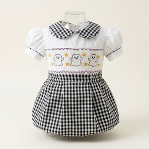 Casalia Baby Girls Halloween Black Embroidered Puff Sleeve Dress Peter Pan Collar A-Line <b>Mini</b> Satin Smock Autumn Cute Style - Product Image 3