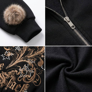 Women's <b>Black</b> Hooded Zip-Up <b>Jacket</b> With Faux Fur Collar And Pom Poms Embossed Letter Design Winter Wear Hoodies - Product Image 6