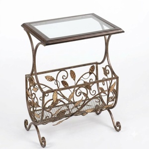 <b>Vintage</b> Wrought Iron Glass Top Magazine Holder Etagere Shelf Freestanding Metal Book Rack Living Room Furniture - Product Image 1