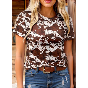 Camiseta de manga corta con estampado de vaca y cinturón de color caramelo, cuello redondo, ajuste holgado, informal, top de verano para mujer, tejido transpirable de poliéster - Product Image 3