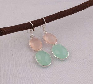 Artisan Rose Quartz Aqua Chalcedony <b>Dangle</b> <b>Earrings</b> 925 <b>Silver</b> Two-Tiered Faceted Multi-Gemstone <b>Earrings</b> Manufacturer - Product Image 1