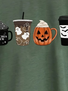 Sweat-shirt à col rond pour femme, pull décontracté à épaules tombantes, motif tasse de café Halloween, manches longues, collection automne - Product Image 3