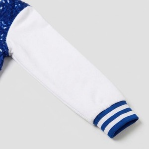 Chaqueta universitaria de lentejuelas azul real con mangas blancas, de poliéster y spandex, estampada, para adolescentes, uniforme de porristas. - Product Image 5