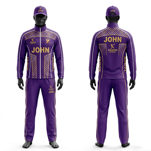 Ensemble d'entraînement de cricket pour hommes, 300 GSM, polyester interlock, rose, marine, panneaux latéraux dorés, logo d'équipe personnalisé par sublimation, survêtement - Product Image 3