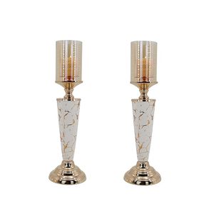 Luxury Marble Effect <b>Candle</b> Holder Set with Gold Metal Base Amber Glass <b>Hurricane</b> Modern Decorative Table Centerpiece - Product Image 1