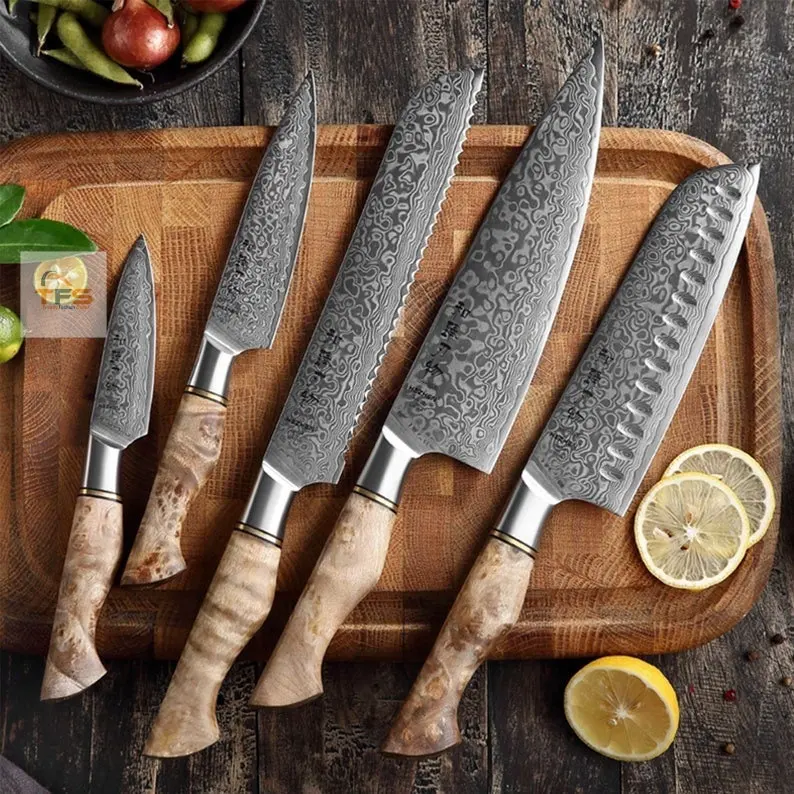 Juego de cuchillos de Chef de madera y acero inoxidable, conjunto de chef de cocina de acero damasco
