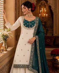 Women Traditional Indian Pakistani Silk Embossed All Seasons Wedding Dress <b>White</b> Purple Embroidered Floor-Length Salwar Set - Product Image 6