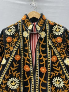 Suzani Fabric Velvet Bomber Jacket Floral Pattern Stand Collar Open <b>Stitch</b> Closure Handmade Embroidery Cotton Lining Party Wear - Product Image 4