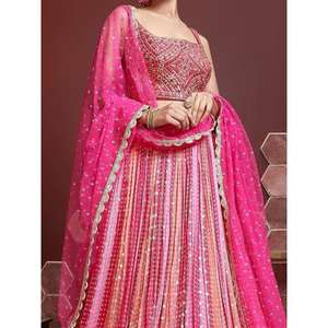 Magnifique Lehenga Choli semi-cousu en soie chinon brodée rose pour mariage par Zeel Clothing - Product Image 2