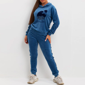 Conjunto Deportivo de Terciopelo Azul para Mujer con Capucha y Estampado de Personajes, Pantalones Largos con Bolsillos Laterales, Ropa Casual de Otoño - Product Image 1