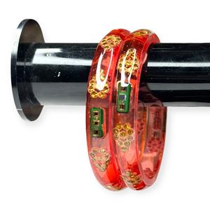 Conjunto de Brazaletes Acrílicos Color Durazno con Diseño de Corte Esmeralda y Perlas de Imitación Brillantes, Estilo Étnico Vintage, Chapado en Oro, para Bodas - Product Image 3